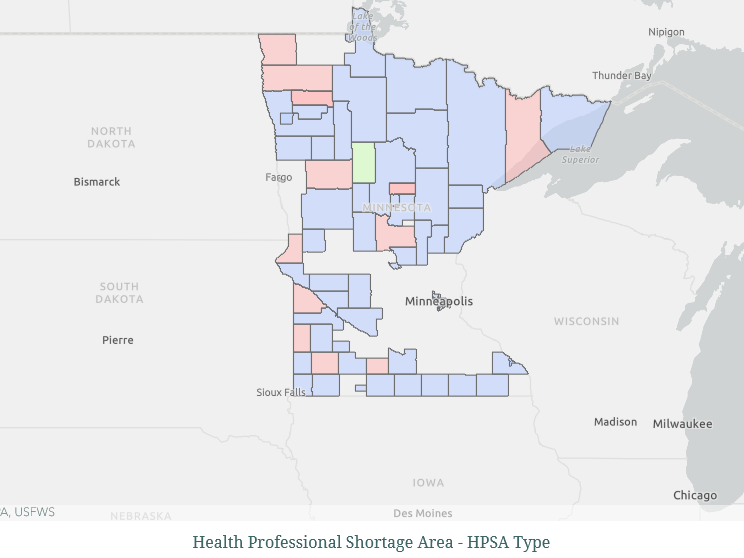 map of Minnesota with highlighed Dental Health Care Workforce data