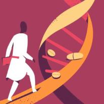 Person walking along DNA strand