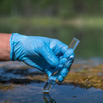 hand in glove collecting water sample